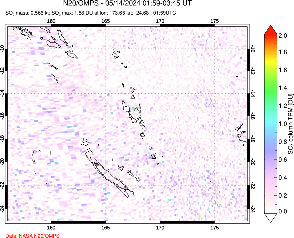 A sulfur dioxide image over Vanuatu, South Pacific on May 14, 2024.