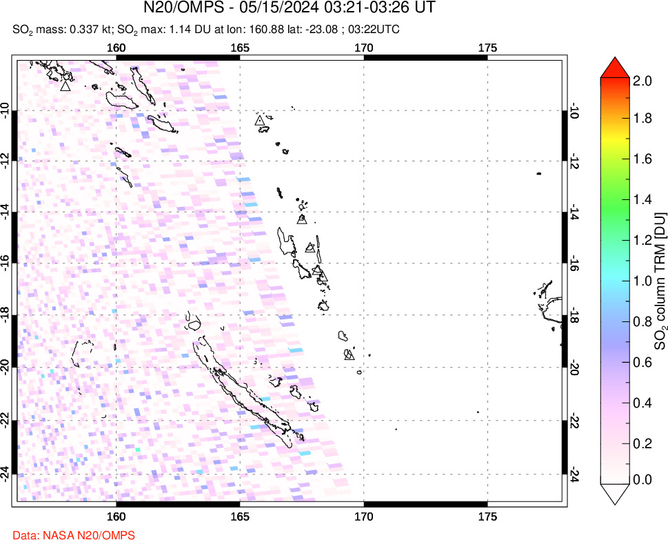 A sulfur dioxide image over Vanuatu, South Pacific on May 15, 2024.