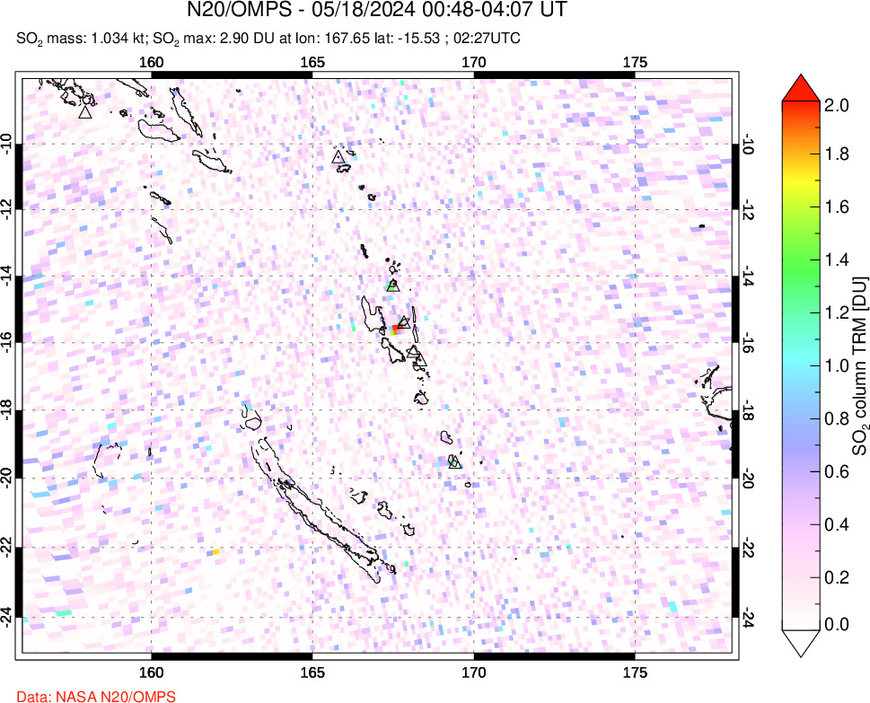 A sulfur dioxide image over Vanuatu, South Pacific on May 18, 2024.