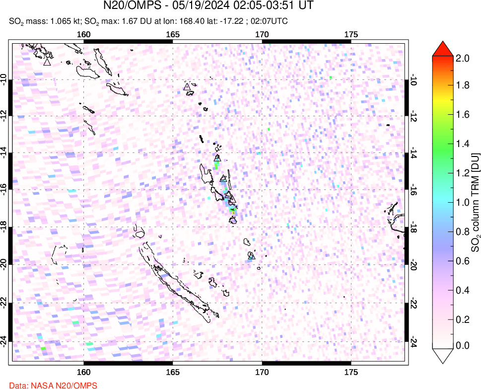 A sulfur dioxide image over Vanuatu, South Pacific on May 19, 2024.