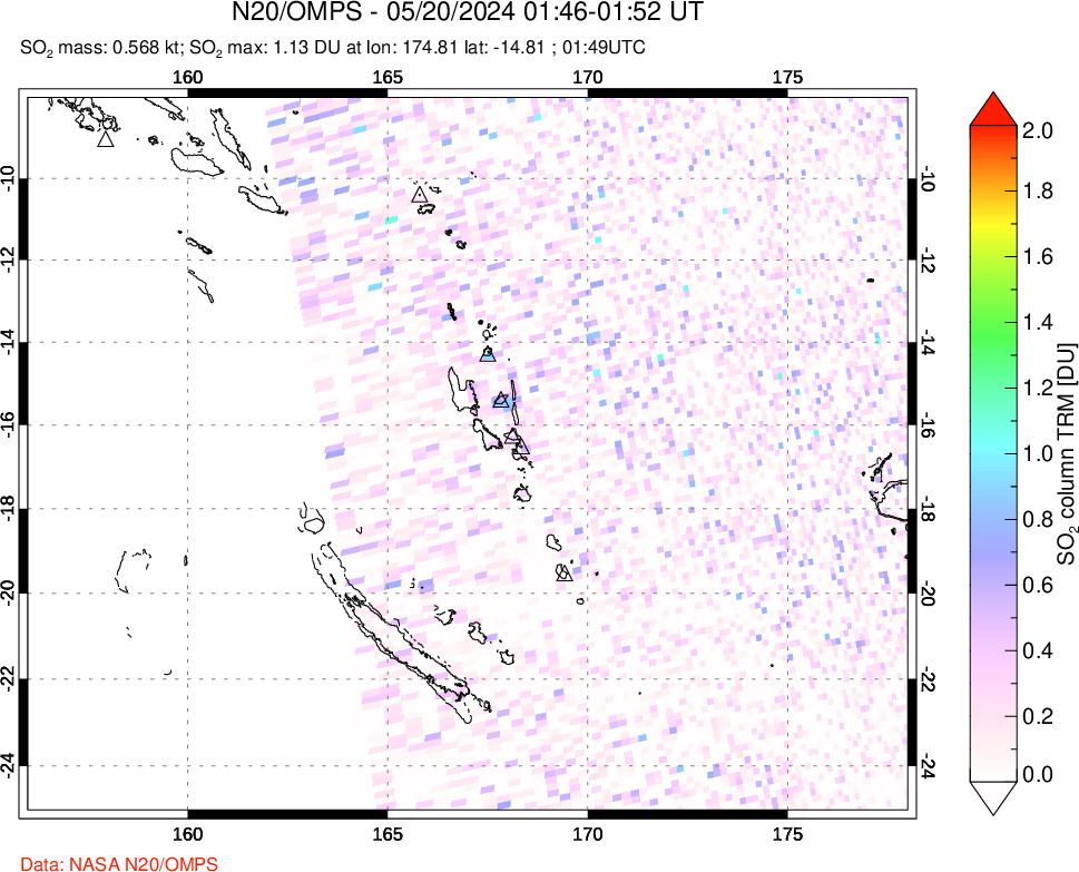 A sulfur dioxide image over Vanuatu, South Pacific on May 20, 2024.