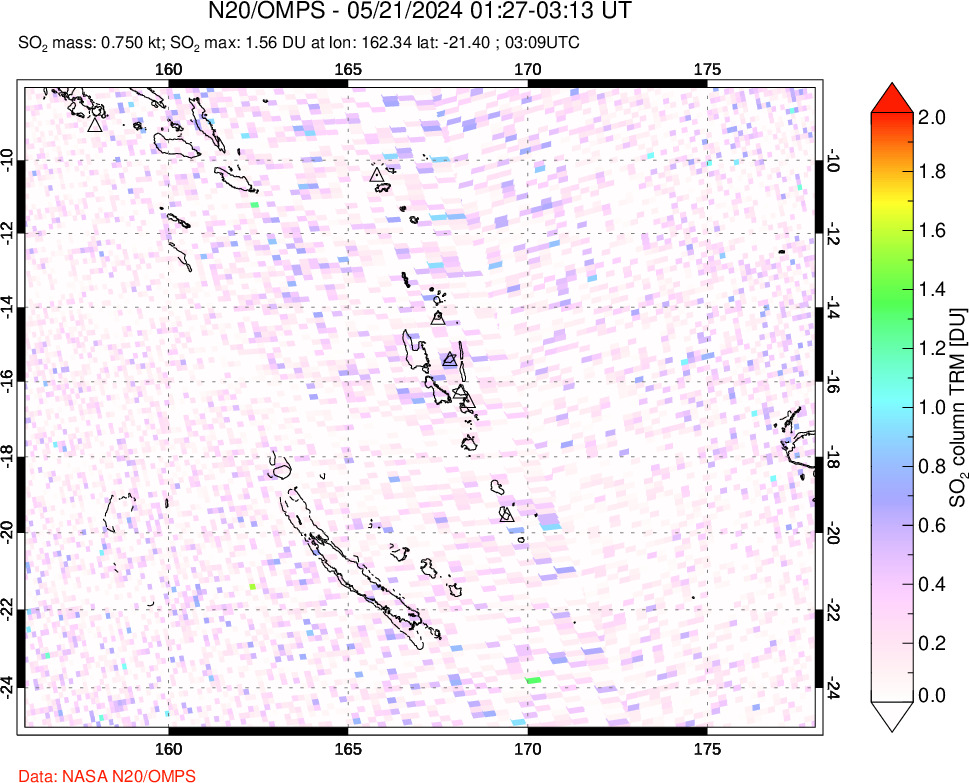 A sulfur dioxide image over Vanuatu, South Pacific on May 21, 2024.