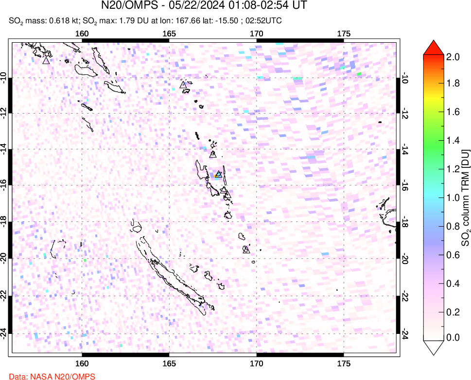 A sulfur dioxide image over Vanuatu, South Pacific on May 22, 2024.