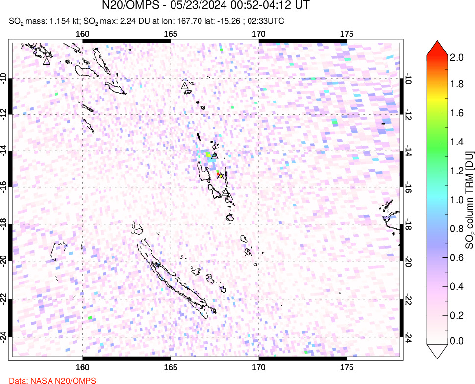 A sulfur dioxide image over Vanuatu, South Pacific on May 23, 2024.