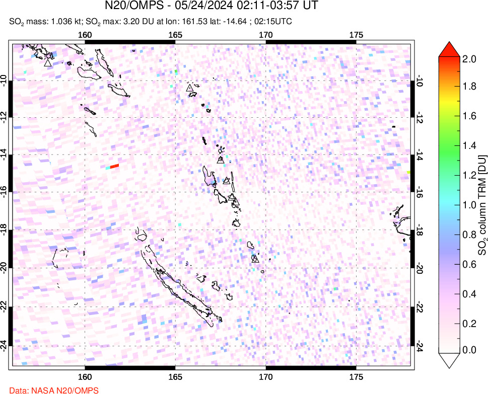 A sulfur dioxide image over Vanuatu, South Pacific on May 24, 2024.