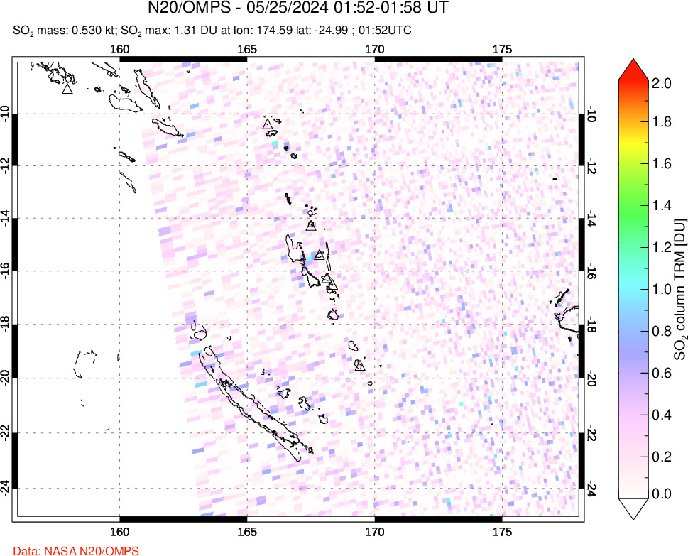 A sulfur dioxide image over Vanuatu, South Pacific on May 25, 2024.