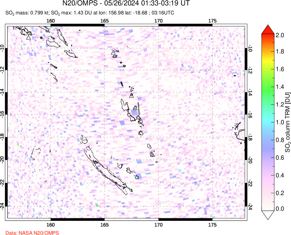 A sulfur dioxide image over Vanuatu, South Pacific on May 26, 2024.