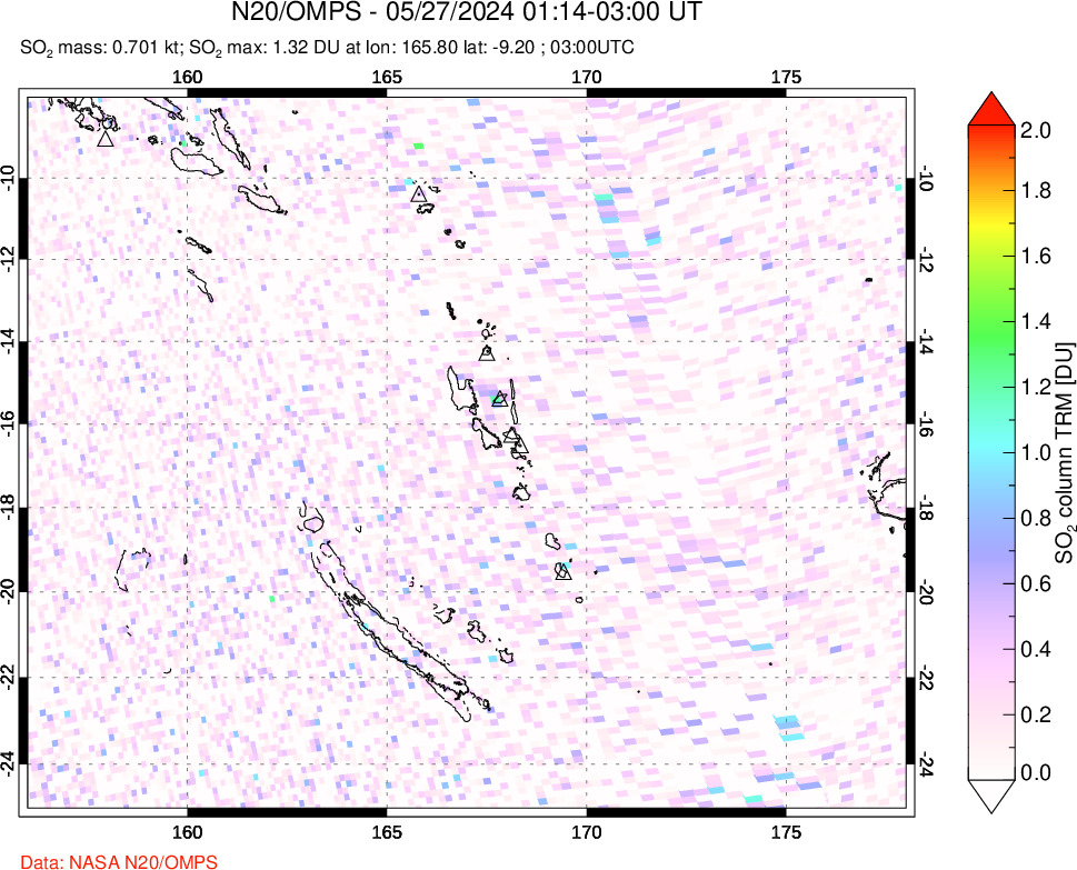 A sulfur dioxide image over Vanuatu, South Pacific on May 27, 2024.