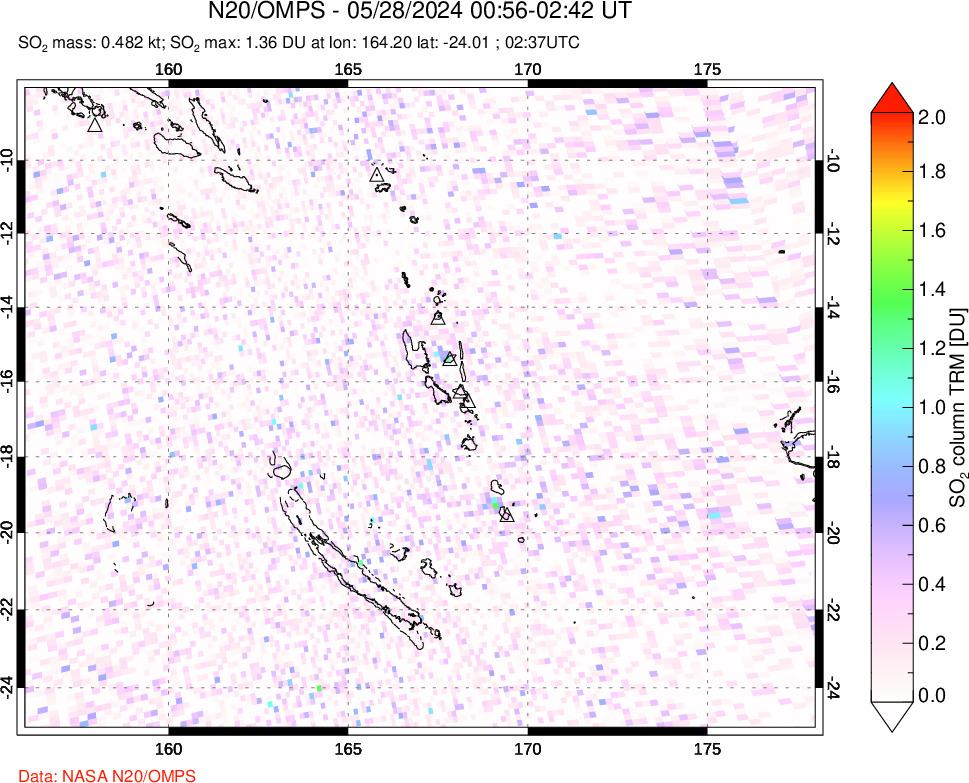 A sulfur dioxide image over Vanuatu, South Pacific on May 28, 2024.