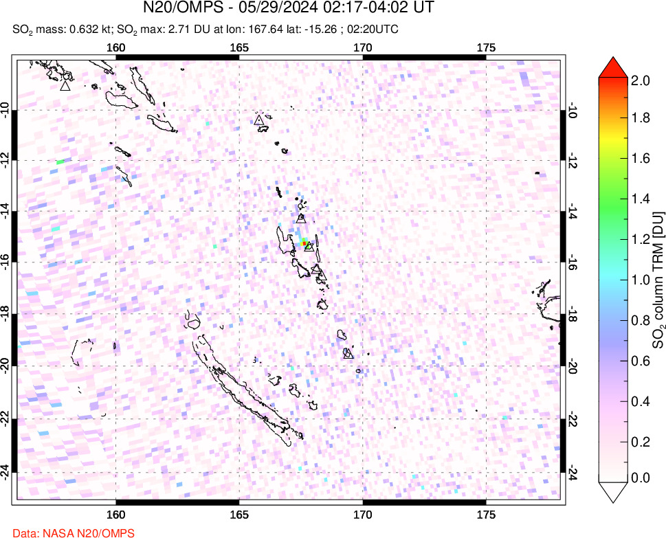 A sulfur dioxide image over Vanuatu, South Pacific on May 29, 2024.