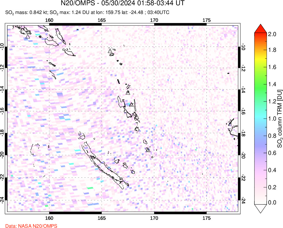 A sulfur dioxide image over Vanuatu, South Pacific on May 30, 2024.