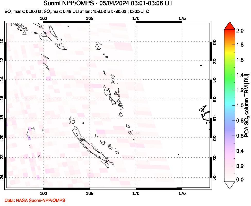 A sulfur dioxide image over Vanuatu, South Pacific on May 04, 2024.