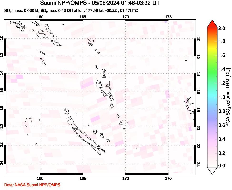 A sulfur dioxide image over Vanuatu, South Pacific on May 08, 2024.