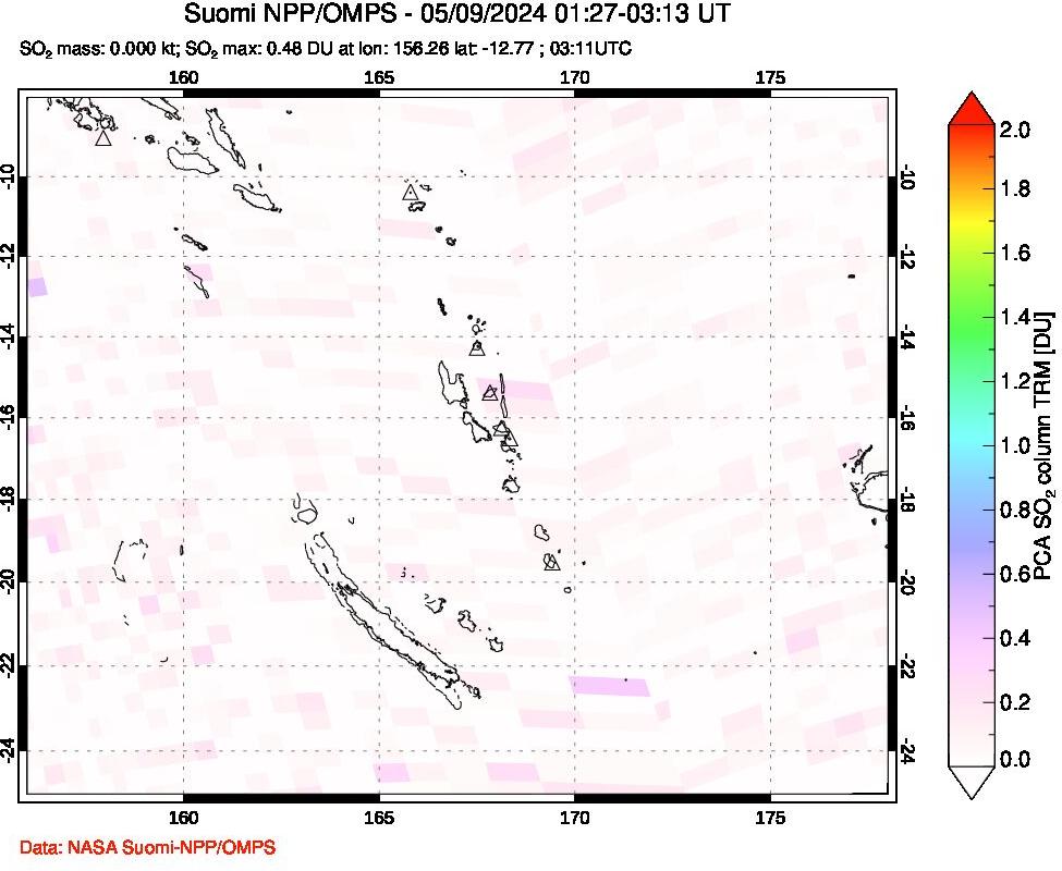 A sulfur dioxide image over Vanuatu, South Pacific on May 09, 2024.