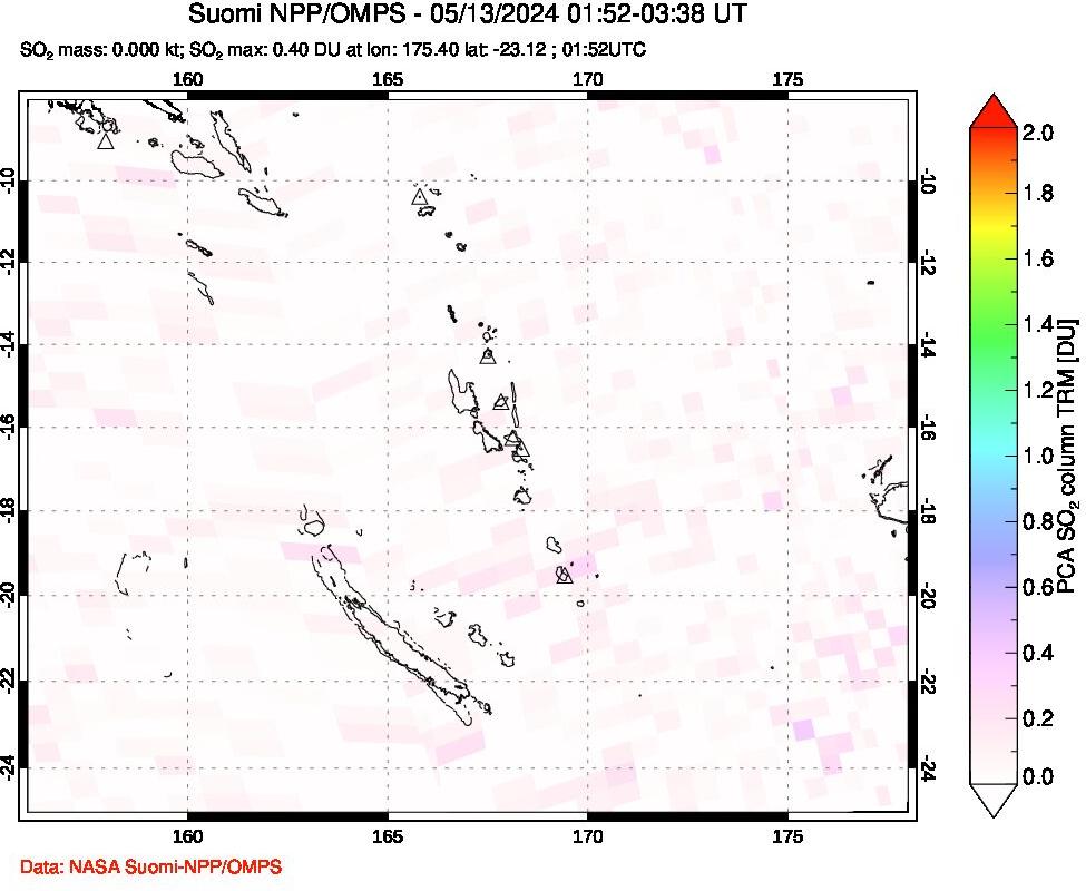 A sulfur dioxide image over Vanuatu, South Pacific on May 13, 2024.