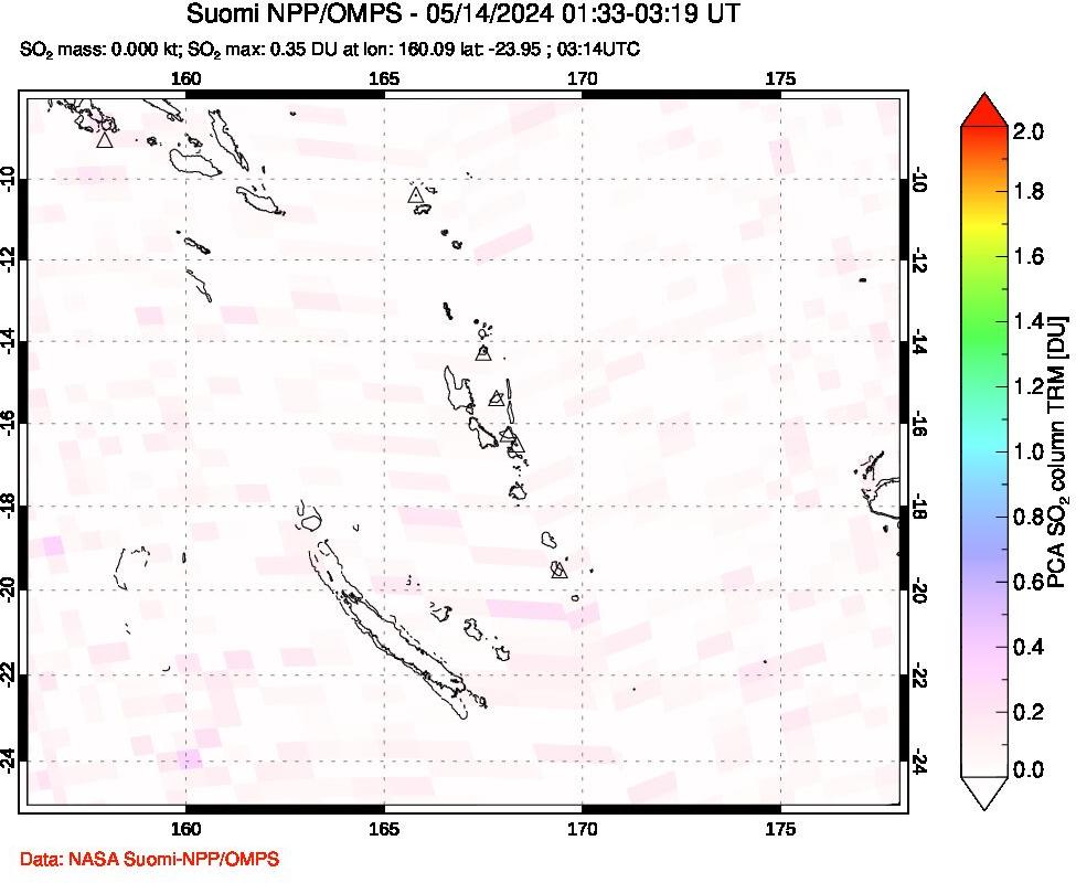 A sulfur dioxide image over Vanuatu, South Pacific on May 14, 2024.