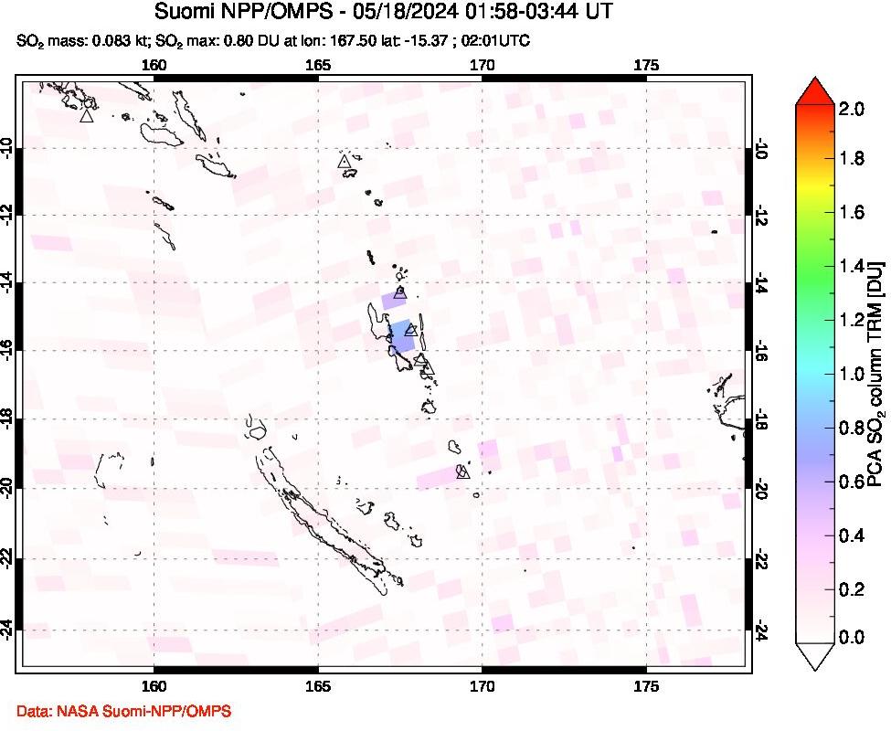 A sulfur dioxide image over Vanuatu, South Pacific on May 18, 2024.