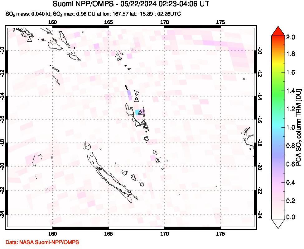 A sulfur dioxide image over Vanuatu, South Pacific on May 22, 2024.