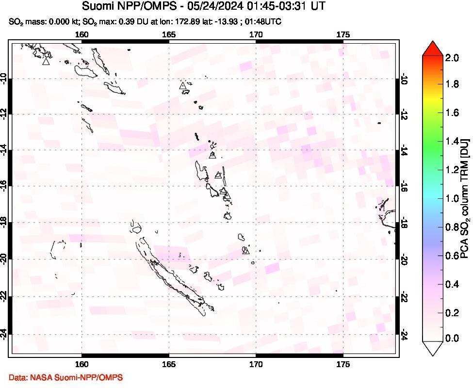 A sulfur dioxide image over Vanuatu, South Pacific on May 24, 2024.