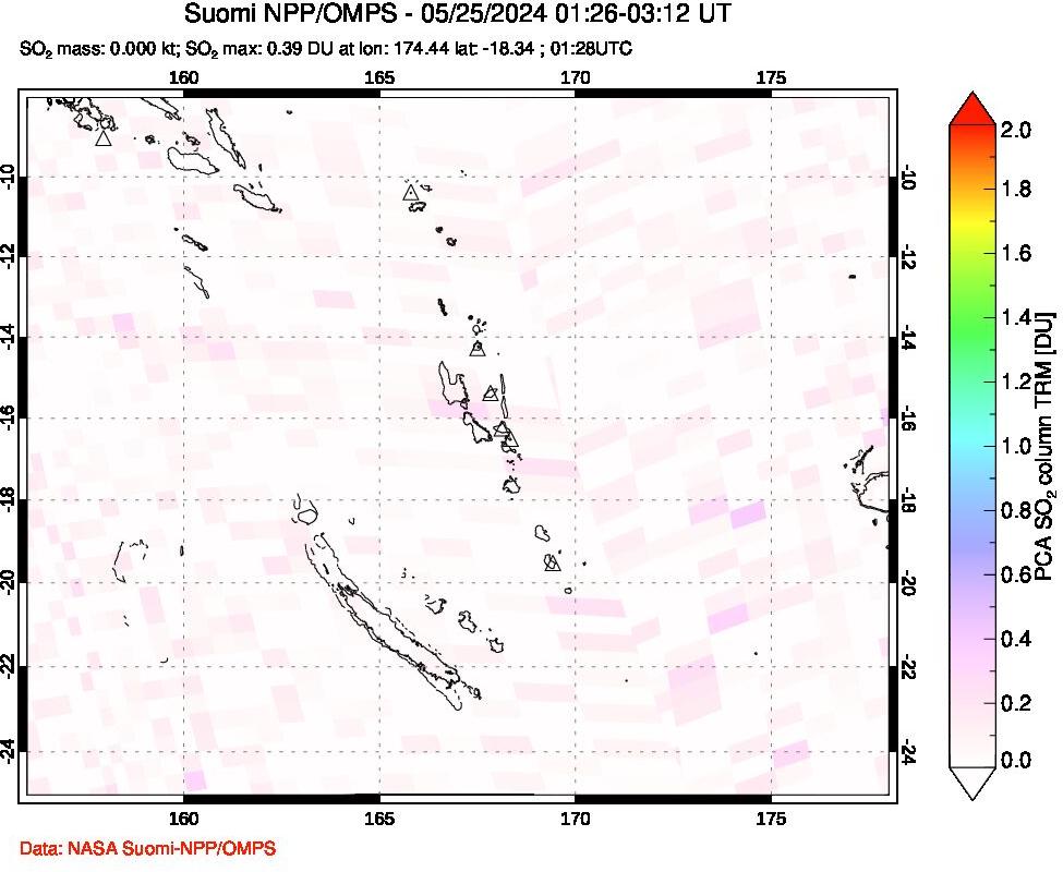 A sulfur dioxide image over Vanuatu, South Pacific on May 25, 2024.