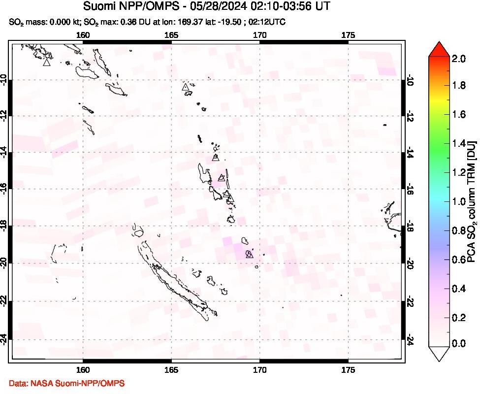 A sulfur dioxide image over Vanuatu, South Pacific on May 28, 2024.