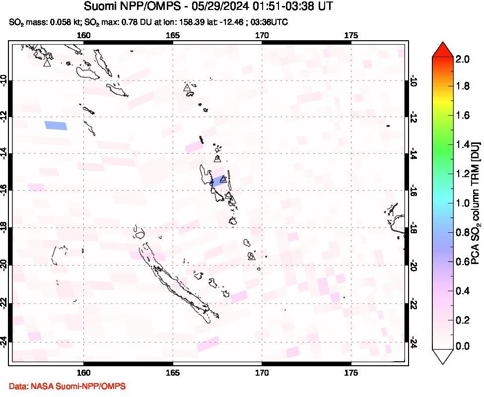 A sulfur dioxide image over Vanuatu, South Pacific on May 29, 2024.