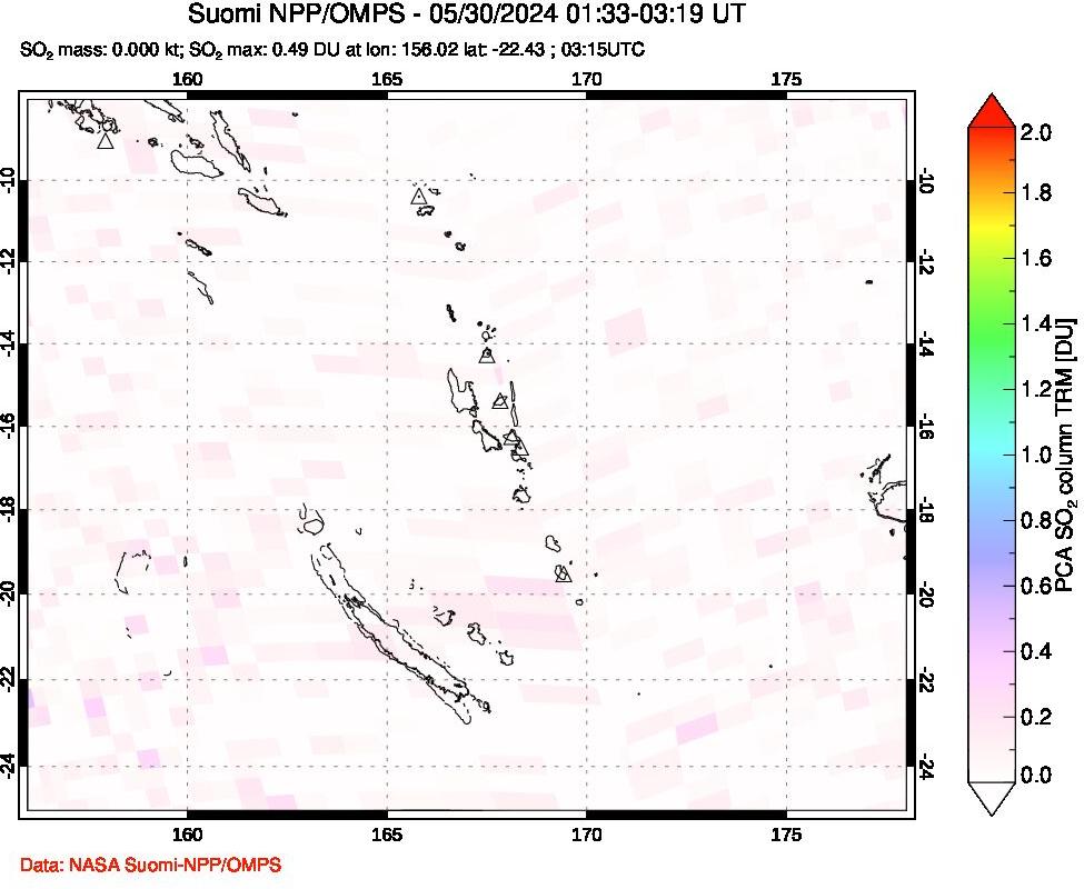 A sulfur dioxide image over Vanuatu, South Pacific on May 30, 2024.