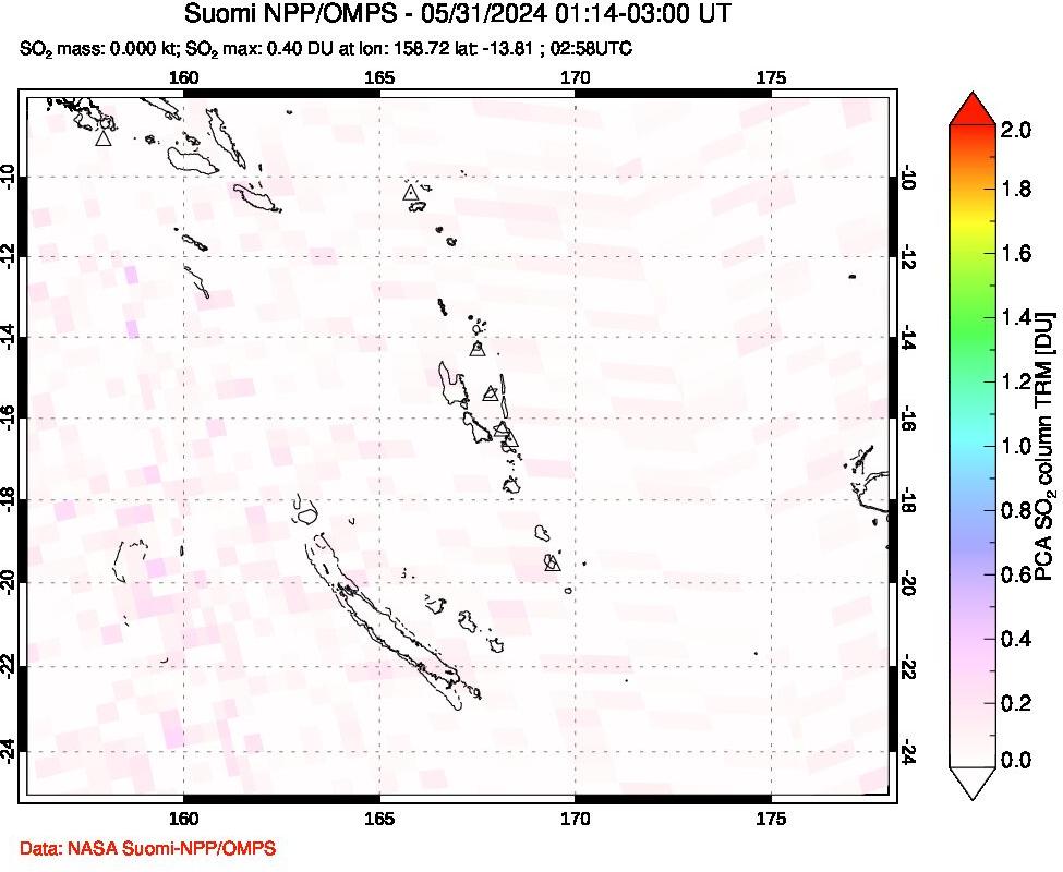 A sulfur dioxide image over Vanuatu, South Pacific on May 31, 2024.