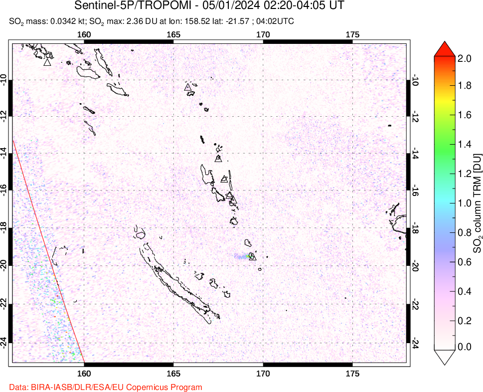 A sulfur dioxide image over Vanuatu, South Pacific on May 01, 2024.