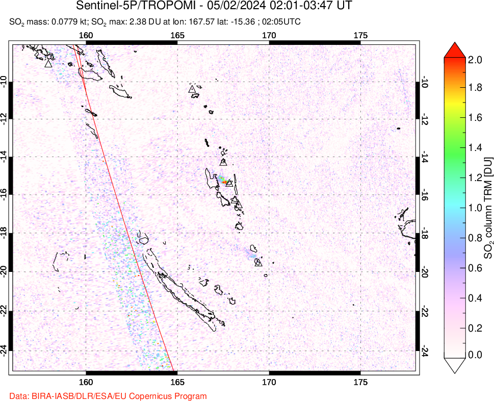 A sulfur dioxide image over Vanuatu, South Pacific on May 02, 2024.