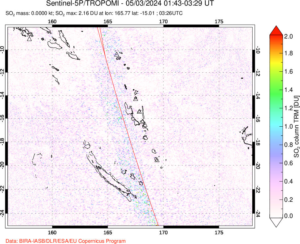 A sulfur dioxide image over Vanuatu, South Pacific on May 03, 2024.