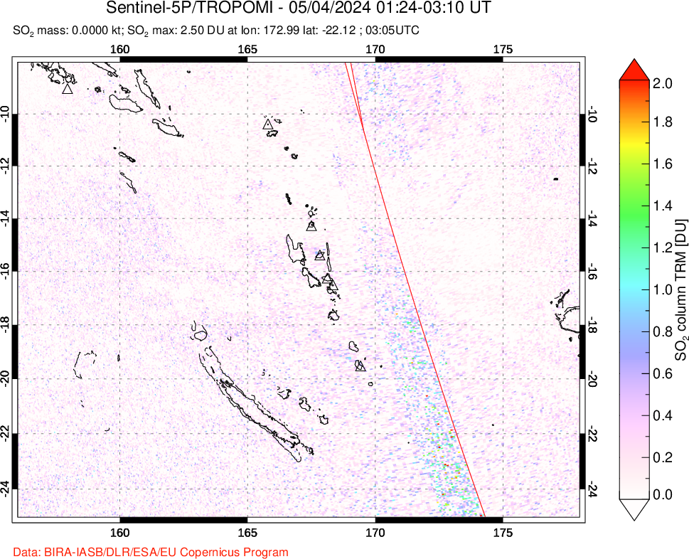 A sulfur dioxide image over Vanuatu, South Pacific on May 04, 2024.