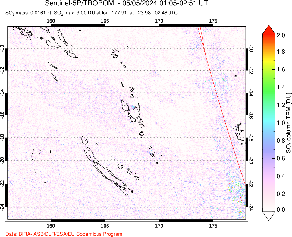 A sulfur dioxide image over Vanuatu, South Pacific on May 05, 2024.