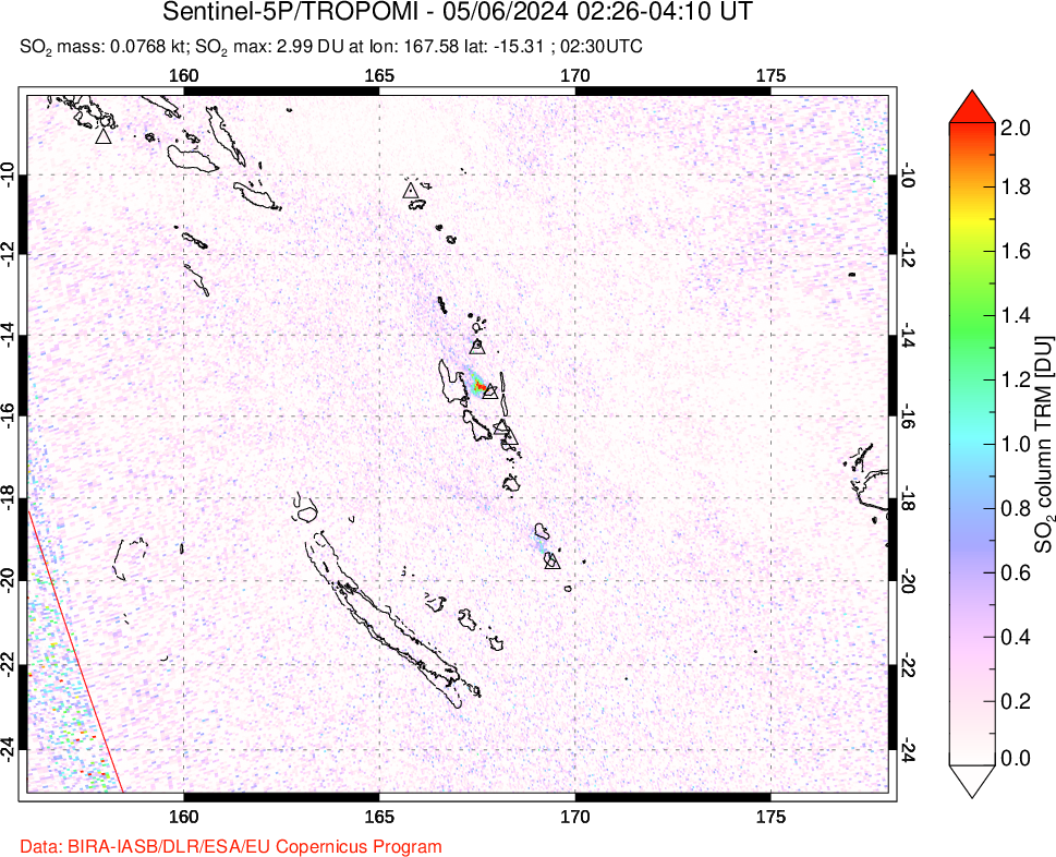 A sulfur dioxide image over Vanuatu, South Pacific on May 06, 2024.