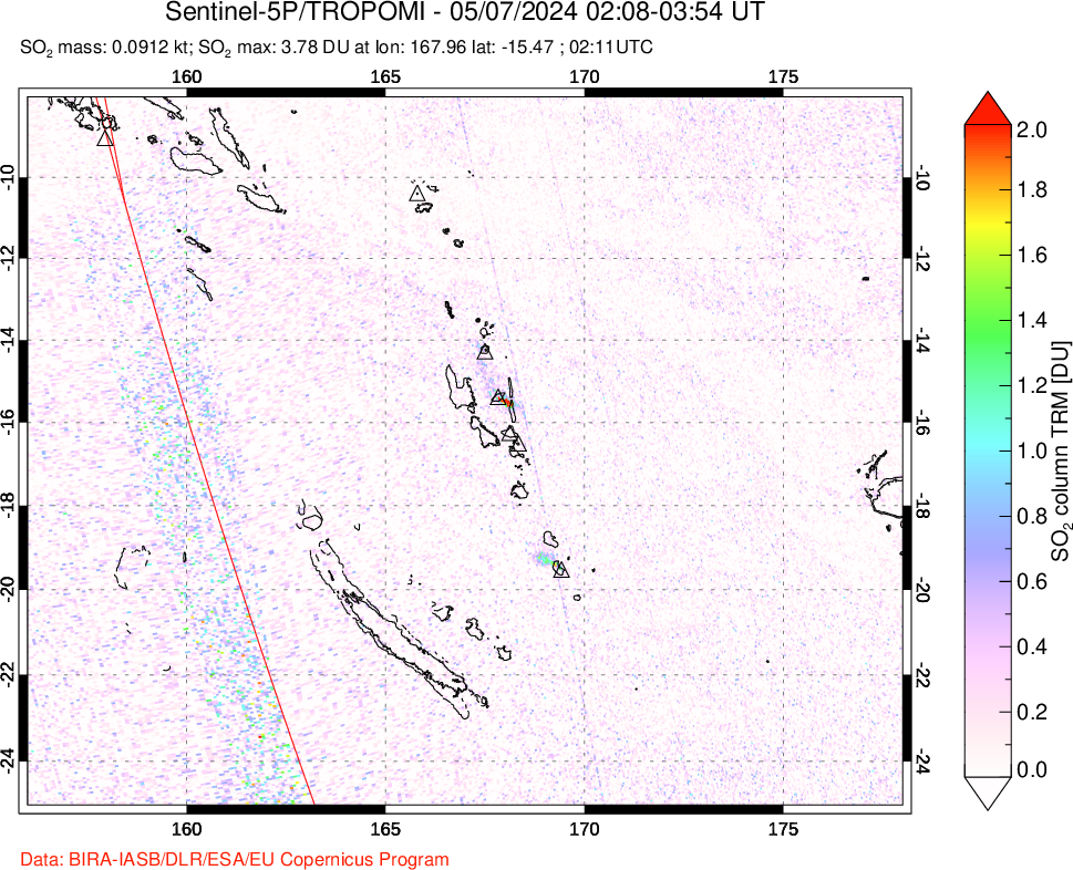 A sulfur dioxide image over Vanuatu, South Pacific on May 07, 2024.