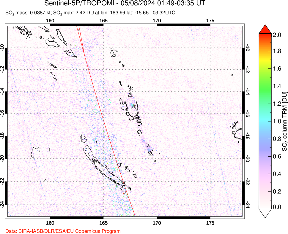 A sulfur dioxide image over Vanuatu, South Pacific on May 08, 2024.