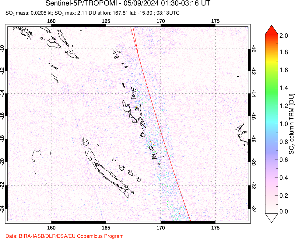 A sulfur dioxide image over Vanuatu, South Pacific on May 09, 2024.