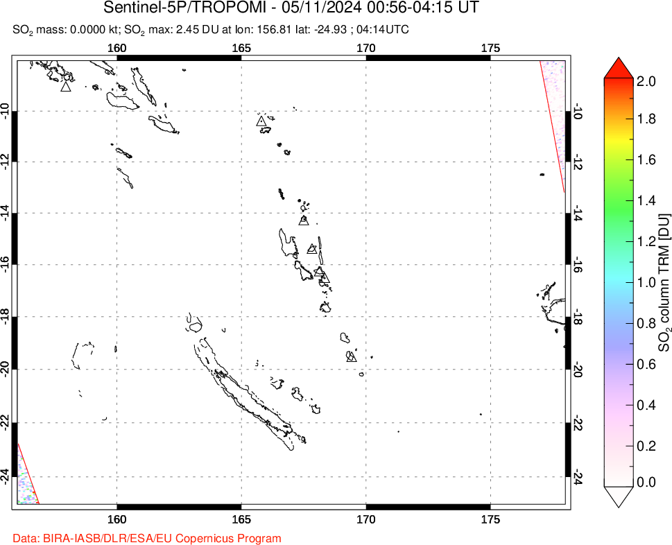 A sulfur dioxide image over Vanuatu, South Pacific on May 11, 2024.