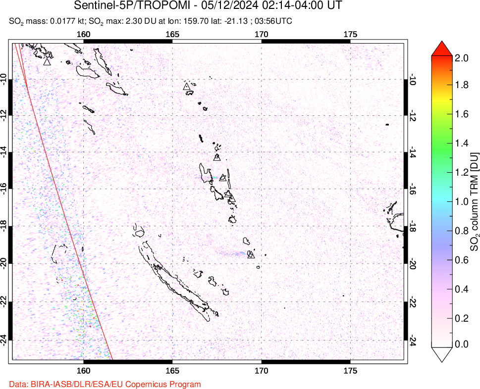 A sulfur dioxide image over Vanuatu, South Pacific on May 12, 2024.