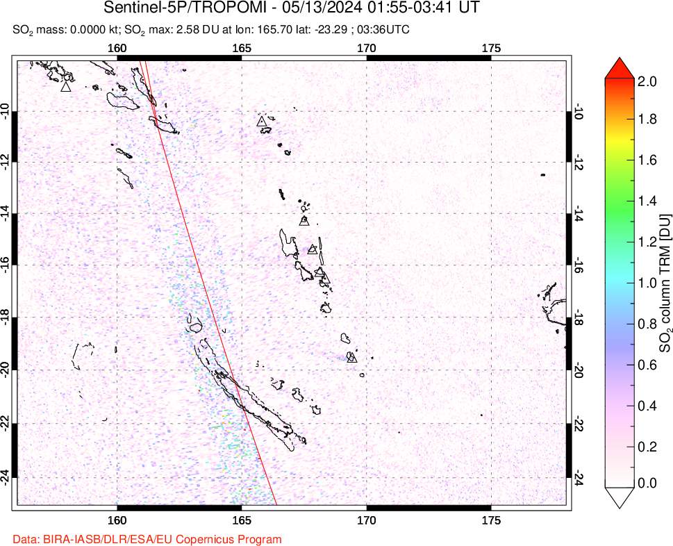 A sulfur dioxide image over Vanuatu, South Pacific on May 13, 2024.