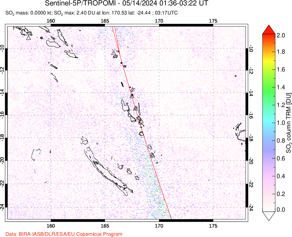 A sulfur dioxide image over Vanuatu, South Pacific on May 14, 2024.