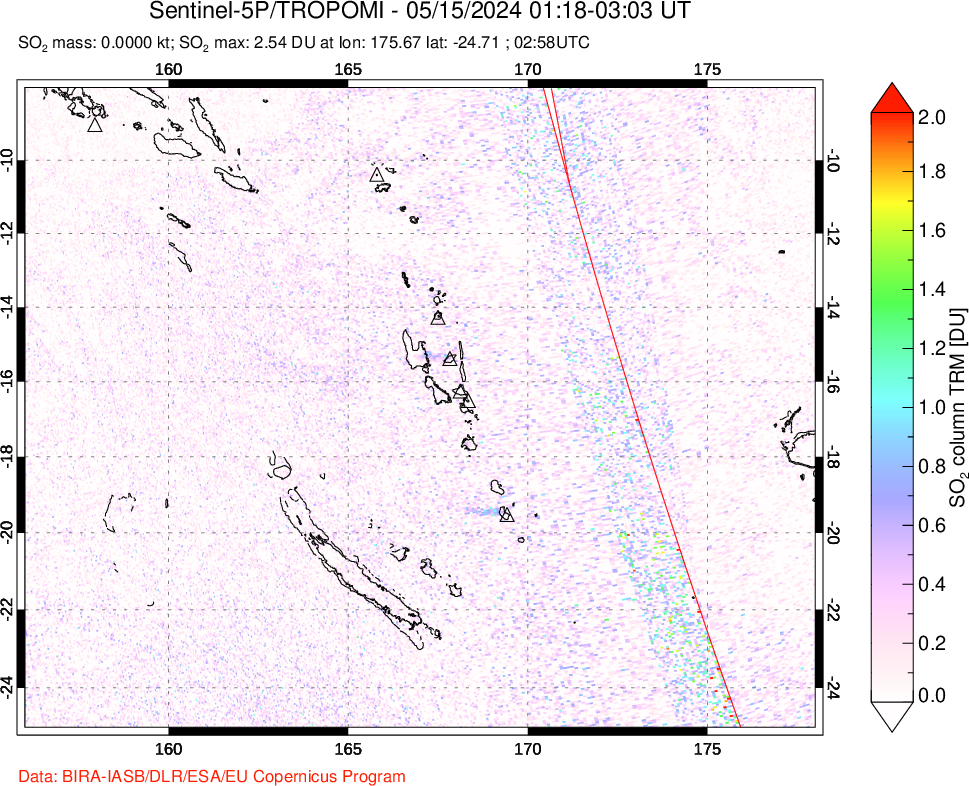 A sulfur dioxide image over Vanuatu, South Pacific on May 15, 2024.