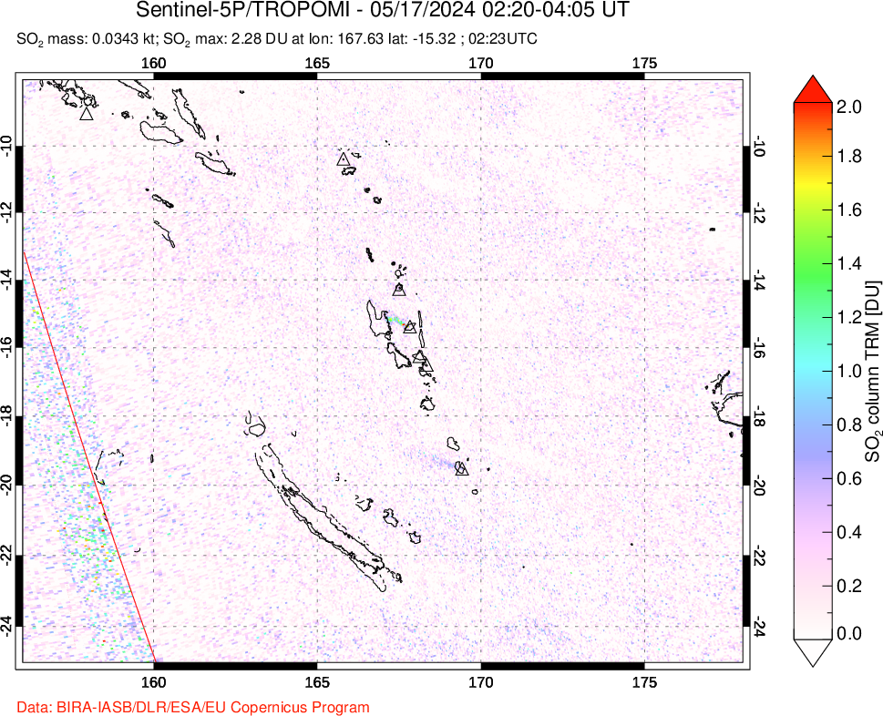 A sulfur dioxide image over Vanuatu, South Pacific on May 17, 2024.