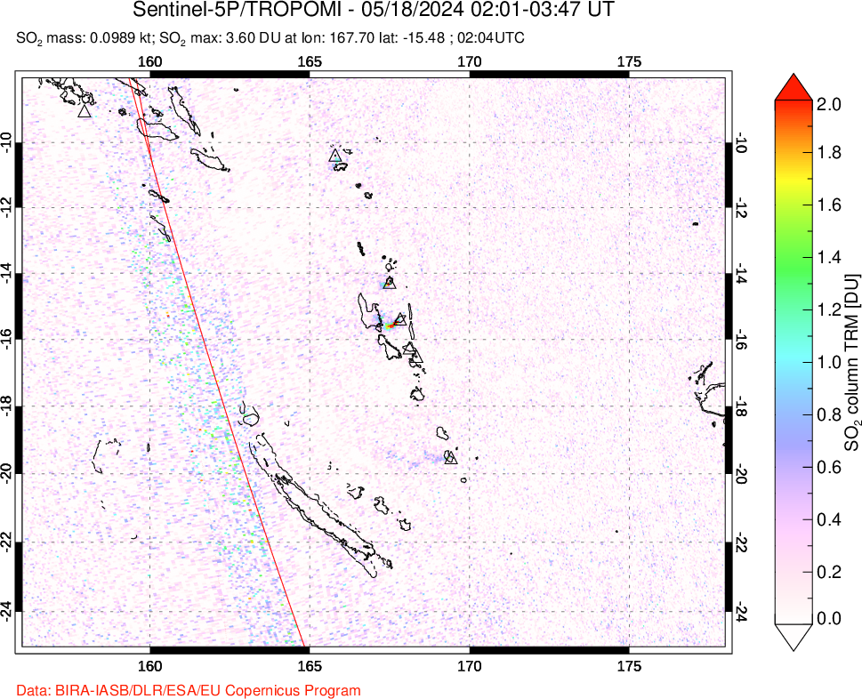 A sulfur dioxide image over Vanuatu, South Pacific on May 18, 2024.