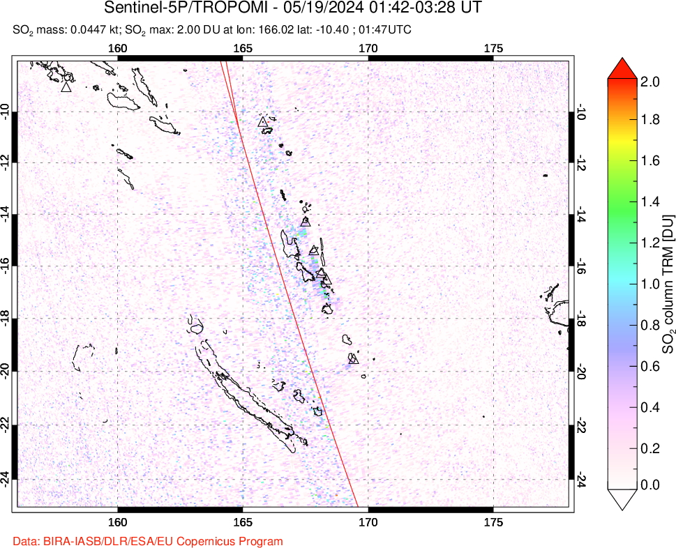 A sulfur dioxide image over Vanuatu, South Pacific on May 19, 2024.