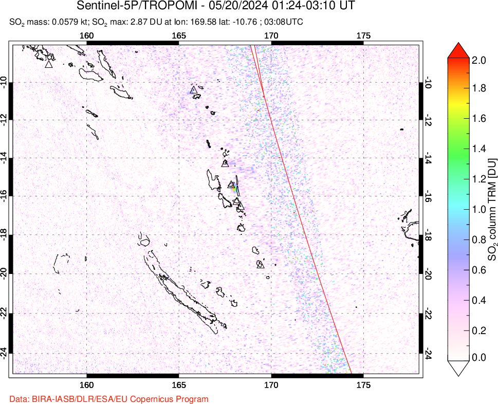 A sulfur dioxide image over Vanuatu, South Pacific on May 20, 2024.