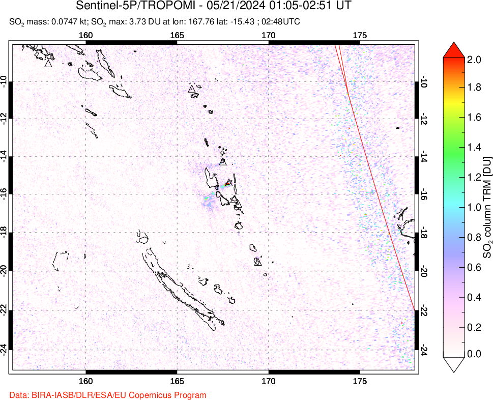 A sulfur dioxide image over Vanuatu, South Pacific on May 21, 2024.