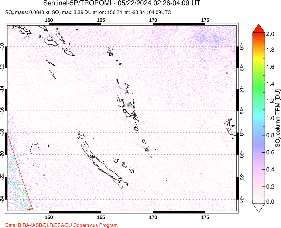 A sulfur dioxide image over Vanuatu, South Pacific on May 22, 2024.