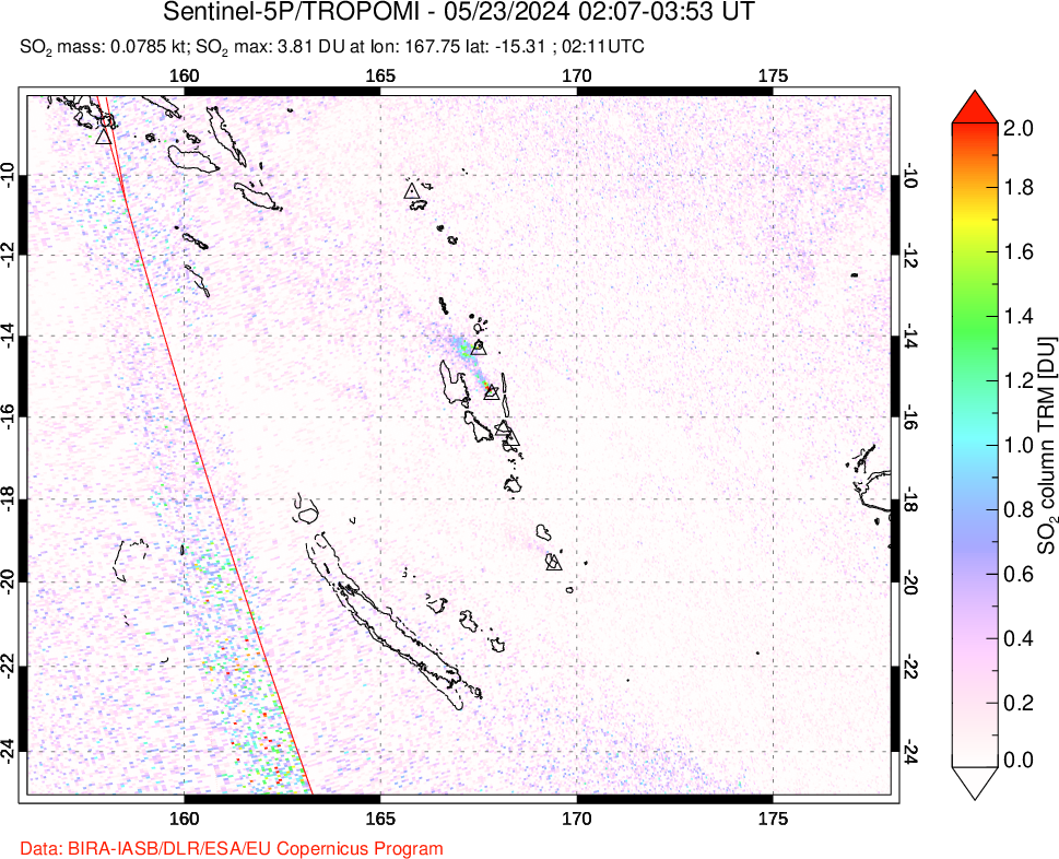 A sulfur dioxide image over Vanuatu, South Pacific on May 23, 2024.