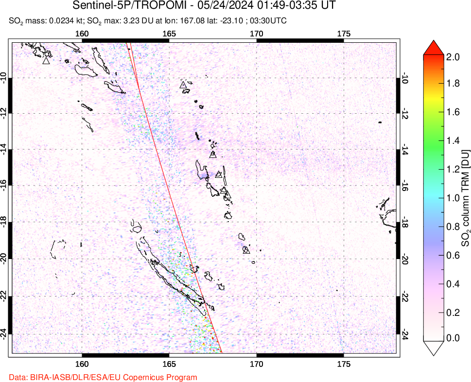 A sulfur dioxide image over Vanuatu, South Pacific on May 24, 2024.